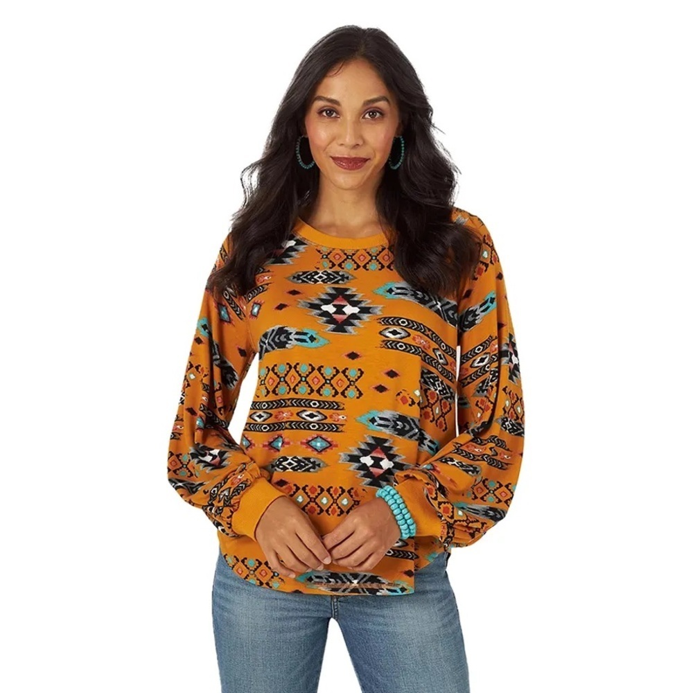 Wrangler Retro Boho Aztec Southwest Balloon Sleeve Top • Ochre Mustard Small